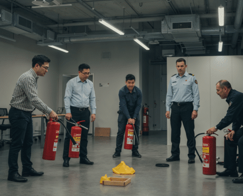 Formation sécurité incendie en entreprise, employés manipulant des extincteurs sous supervision d'un formateur