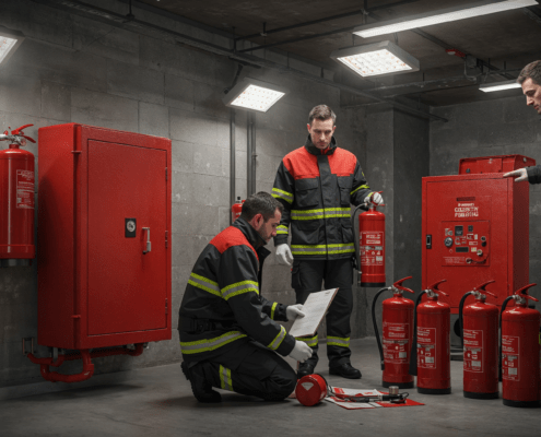 Techniciens vérifiant extincteurs et armoire incendie lors d'une mise en conformité sécurité