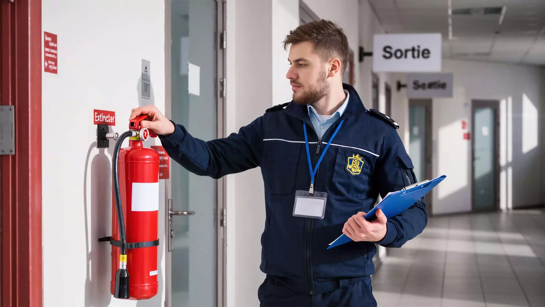 Technicien Qualifeu Aubagne vérifiant un extincteur mural dans un couloir de bureaux