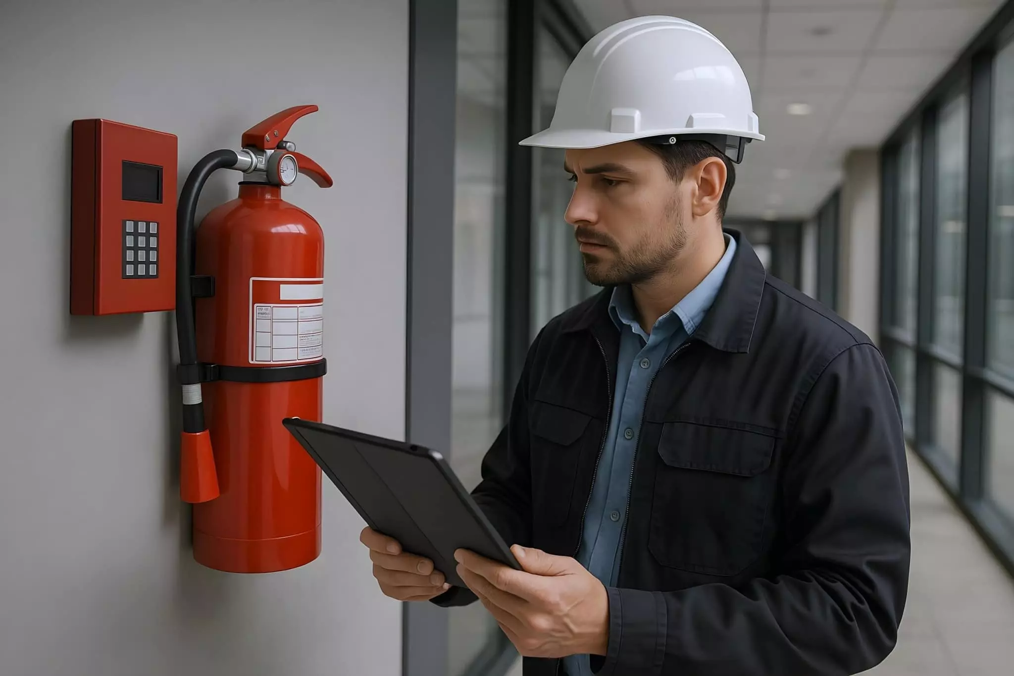 Technicien casque blanc verifiant un extincteur mural avec une tablette lors d'un audit incendie