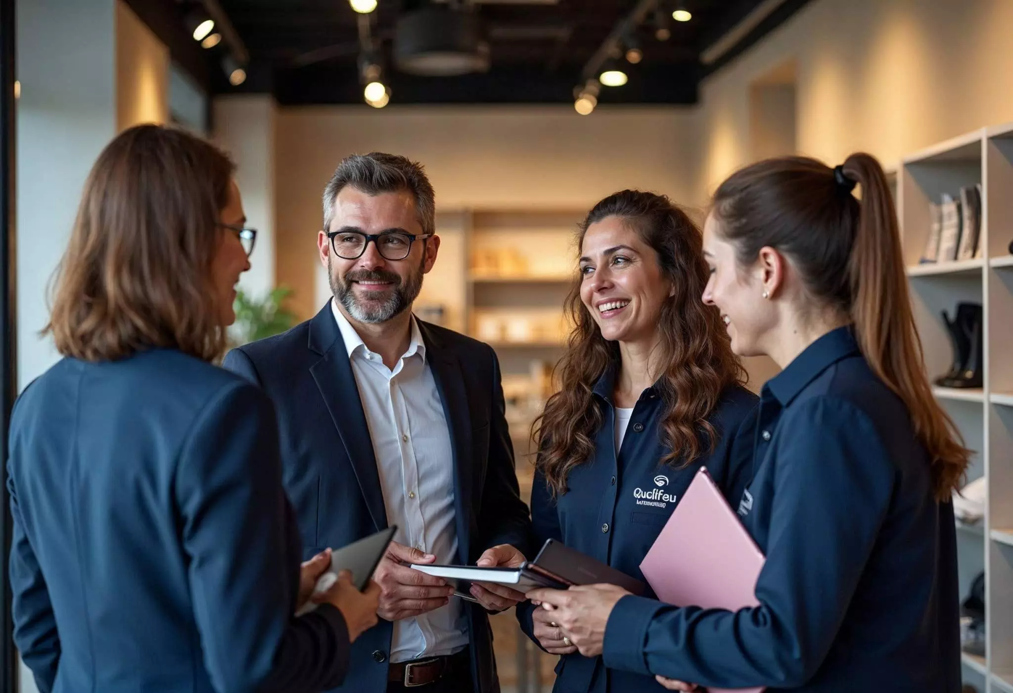 Équipe Qualifeu échangeant sur la conformité ERP avec documents et tablette en main
