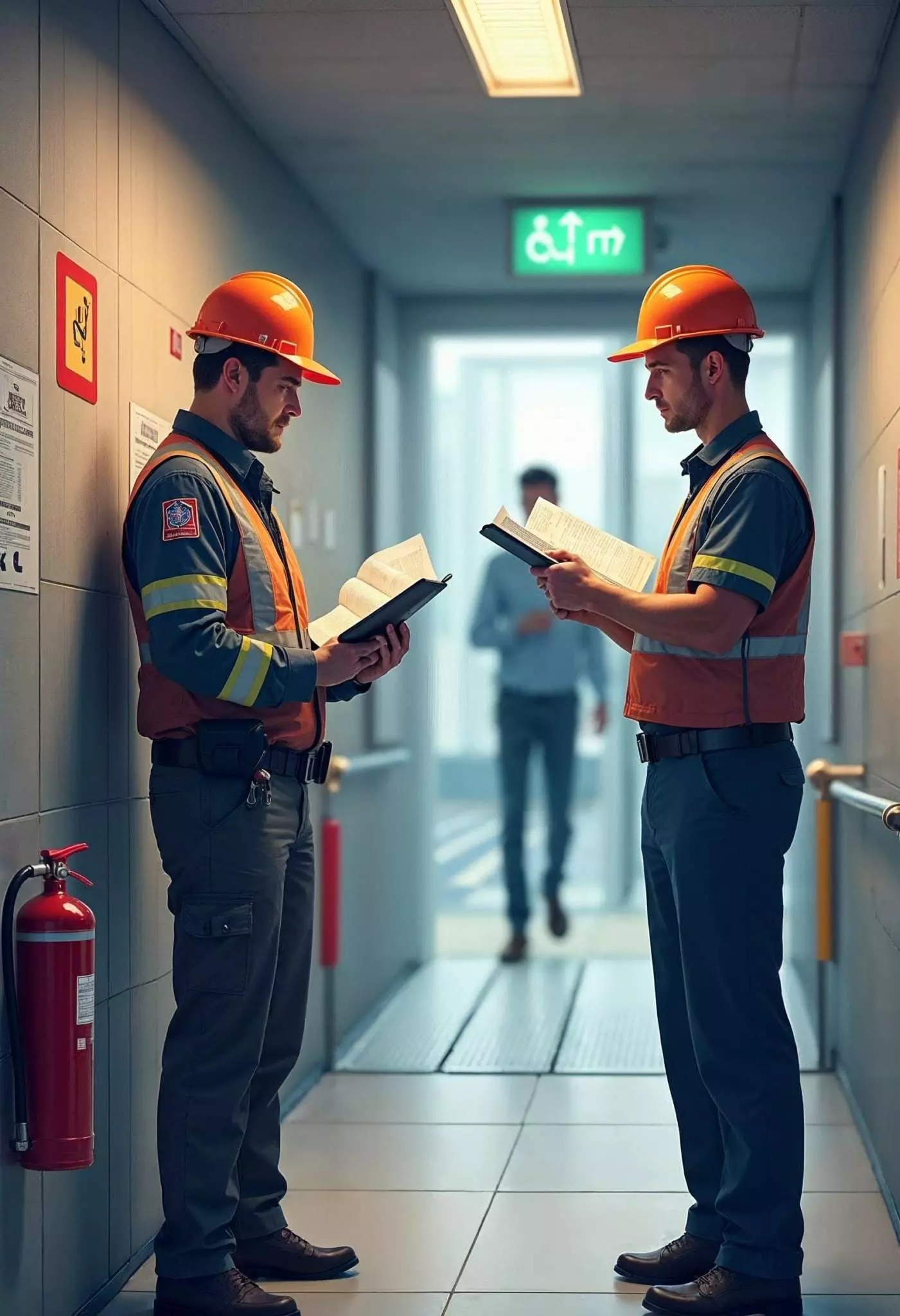Qualifeu Conformité Deux techniciens en EPI vérifient la conformité incendie d'un couloir ERP avec extincteur
