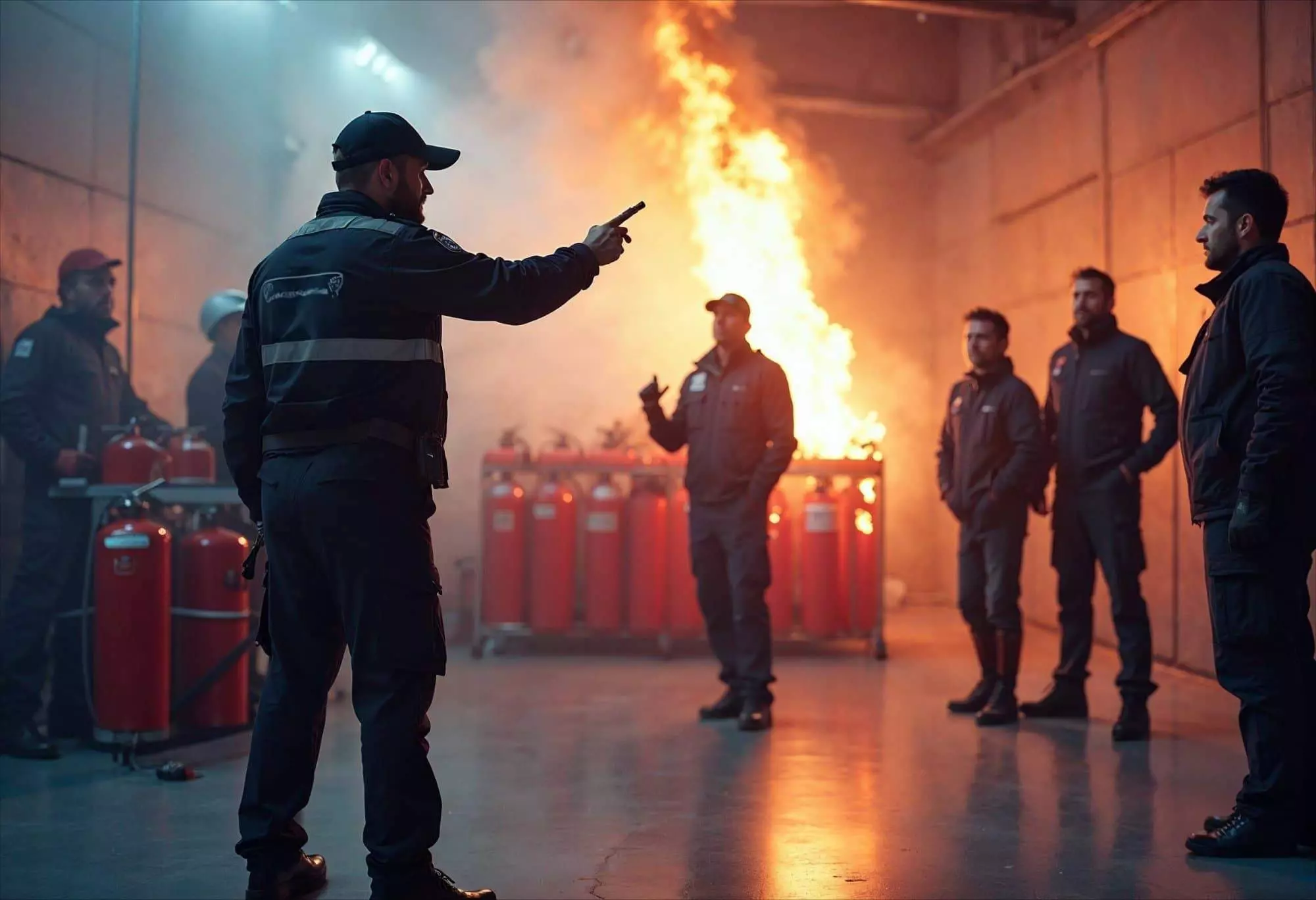 Formateur dirigeant un exercice pratique d'extinction de feu avec extincteurs