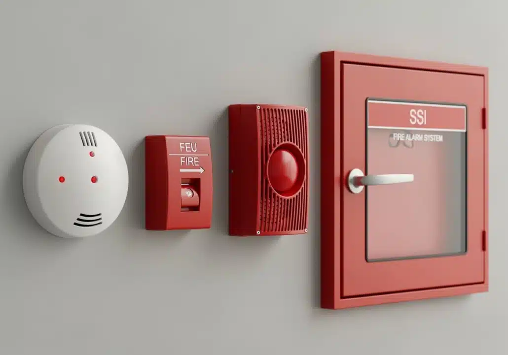 Détecteur de fumée, déclencheur manuel, sirène et coffret SSI d'alarme incendie