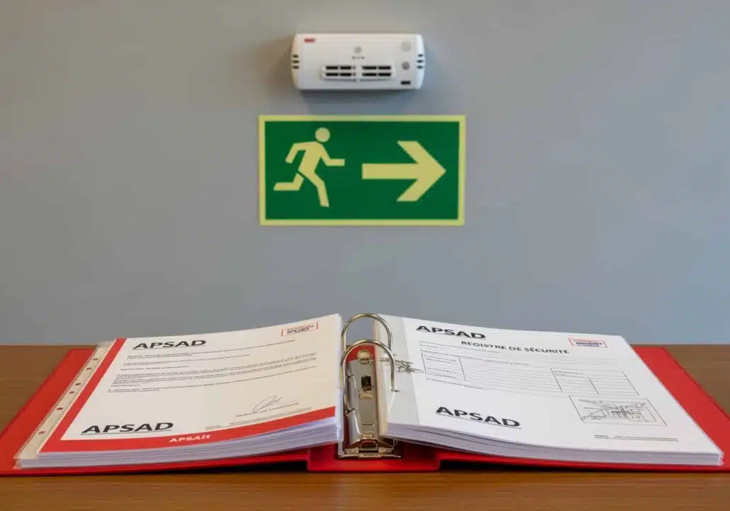 Alarme incendie SSI 3 murale au-dessus d'un panneau de sortie de secours et registre de sécurité APSAD