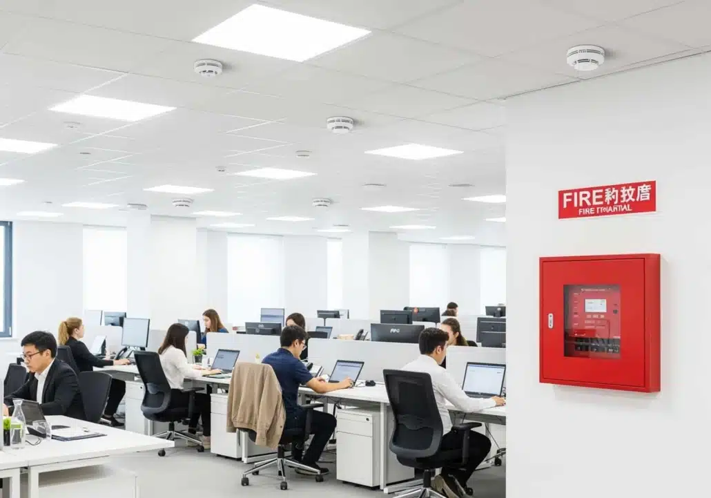 Bureau open space avec detecteurs de fumee au plafond et coffret d'alarme incendie mural rouge