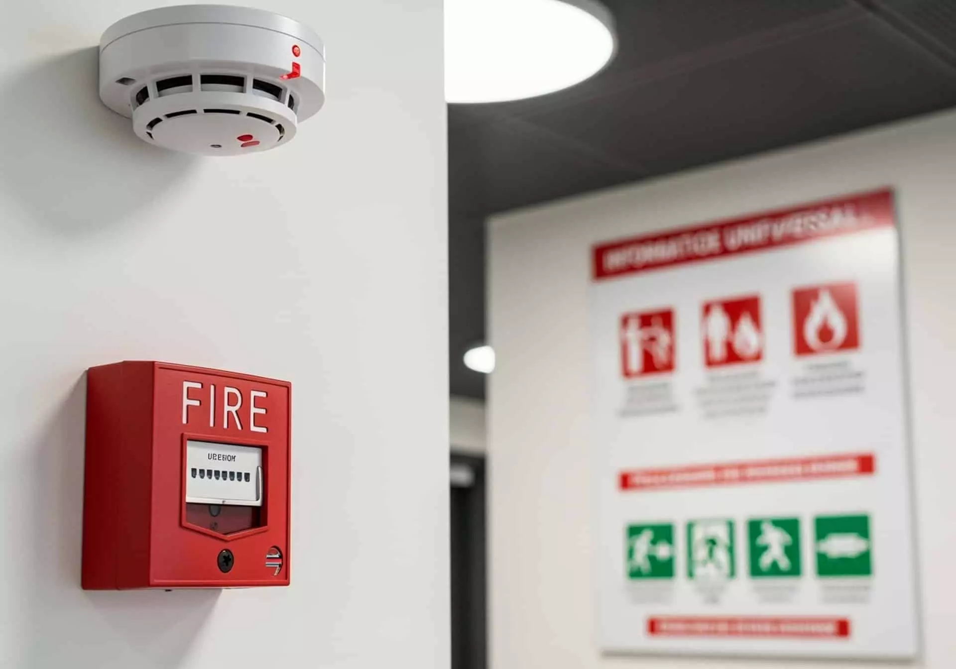 Détecteur de fumée et déclencheur manuel d'alarme incendie avec panneaux de consignes de sécurité