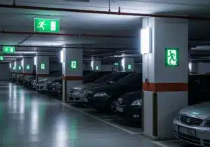 Blocs autonomes d'éclairage de sécurité BAES verts signalant les issues dans un parking souterrain