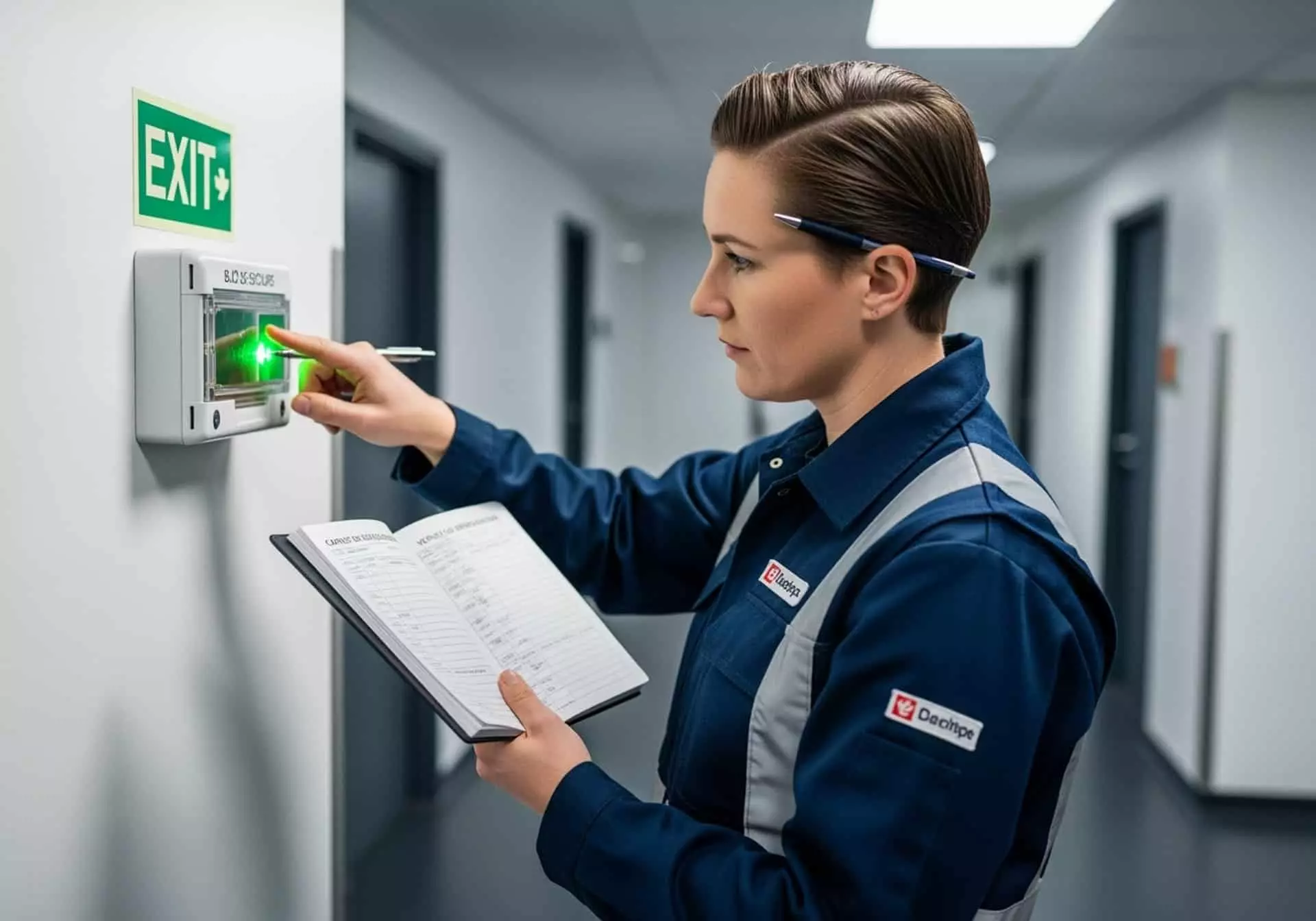 Technicienne vérifiant un bloc autonome d'éclairage de sécurité (BAES) près d'une issue de secours