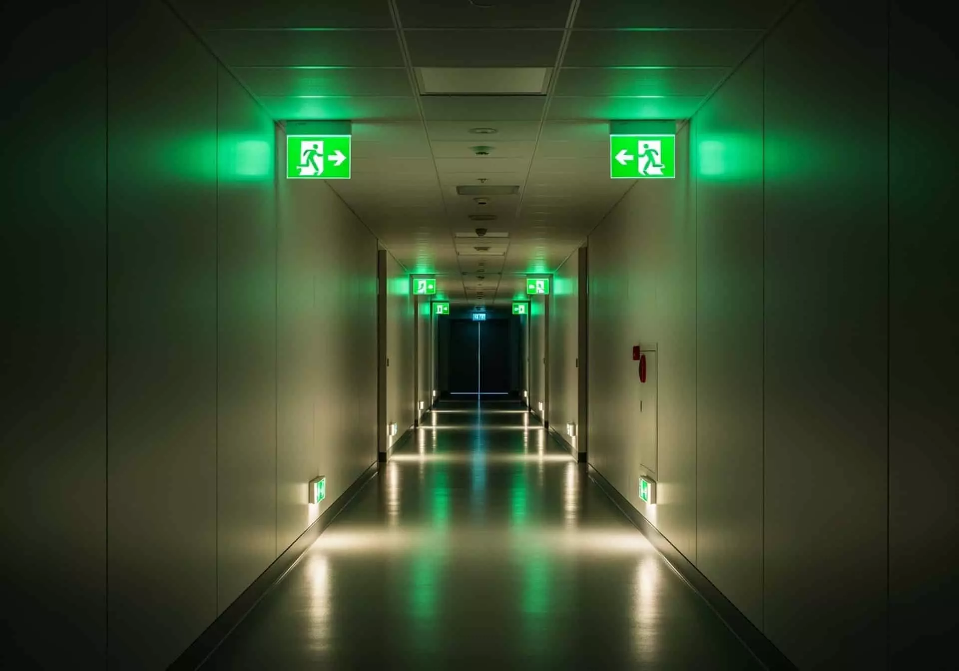 Couloir éclairé par des blocs de secours BAES verts indiquant la sortie de secours
