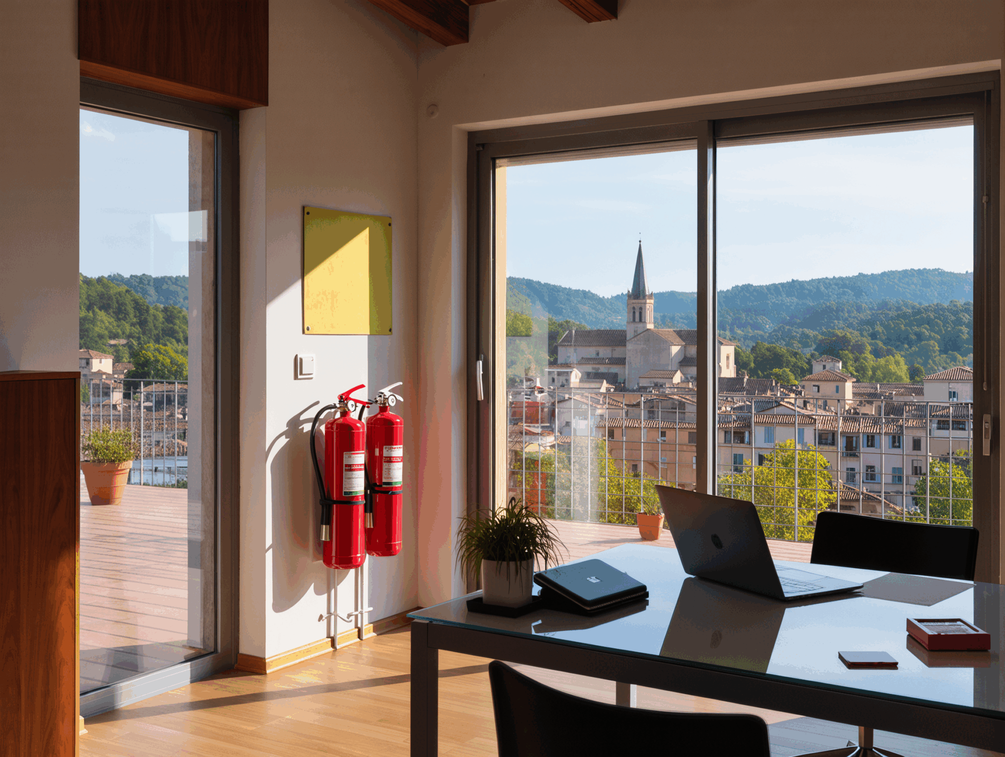 Deux extincteurs rouges muraux dans un bureau avec vue panoramique sur Brignoles