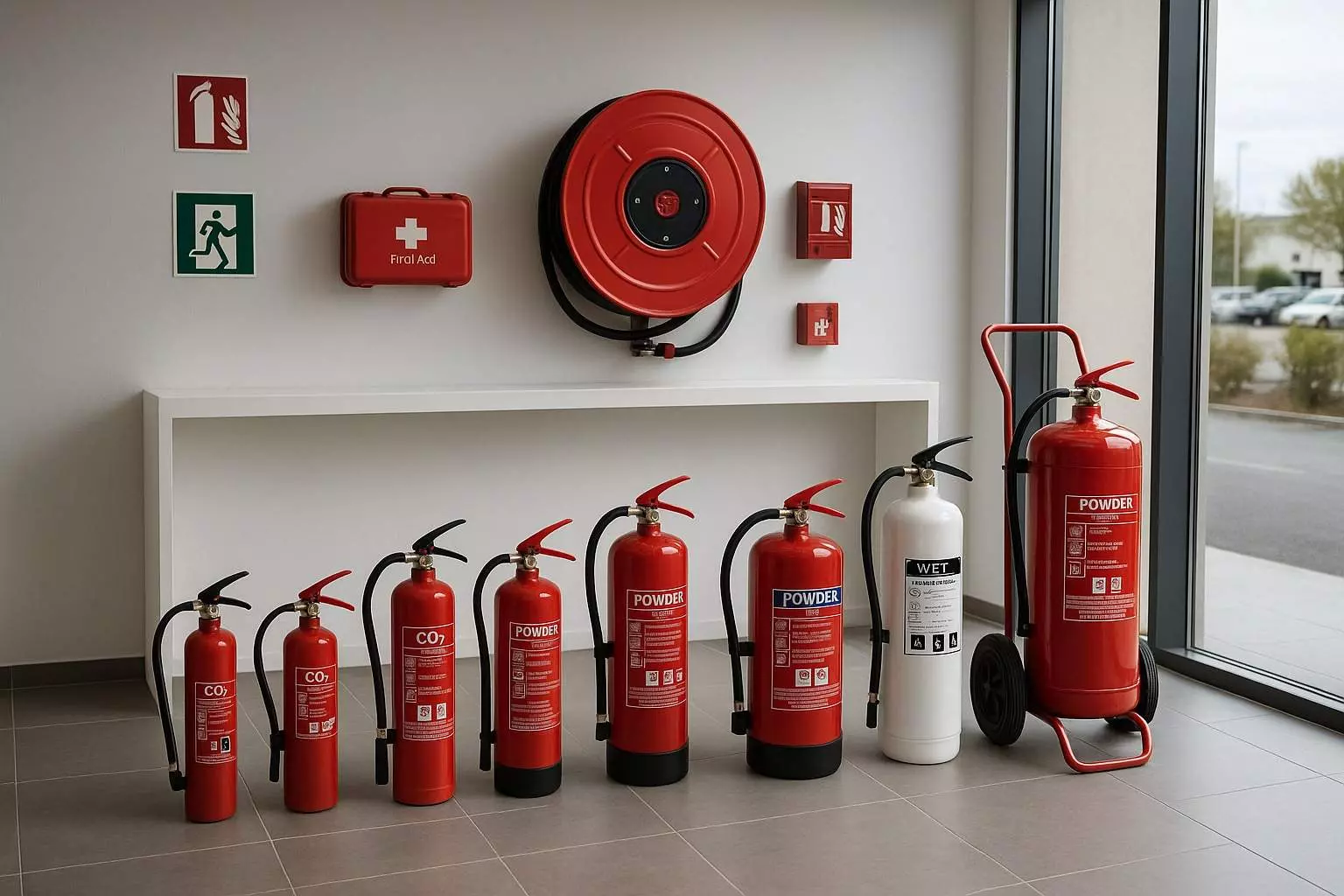 Gamme d'extincteurs CO2 et poudre avec dévidoir mural et trousse de premiers secours, agence Brignoles 83
