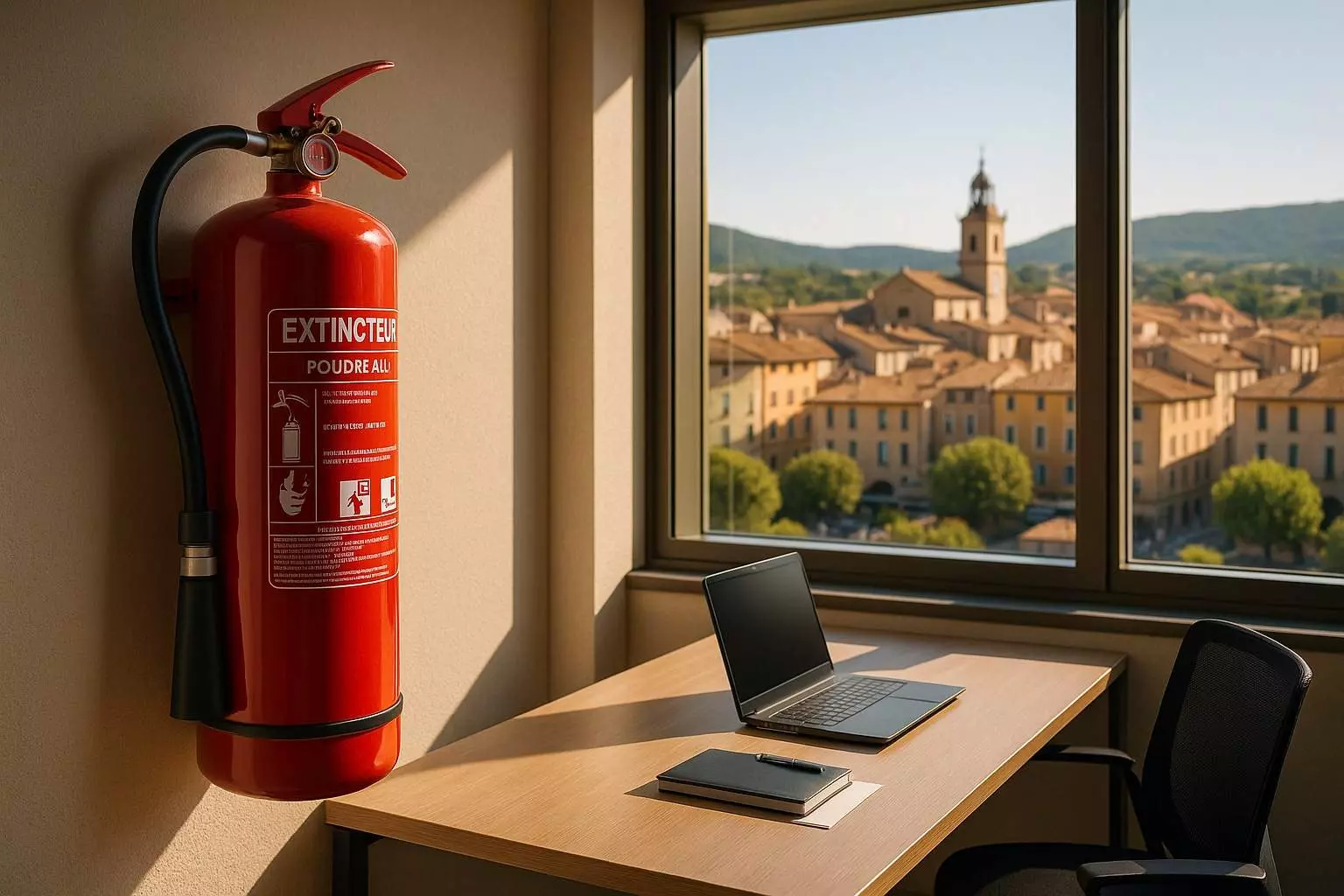 Extincteur poudre rouge fixé au mur d'un bureau avec vue sur Brignoles