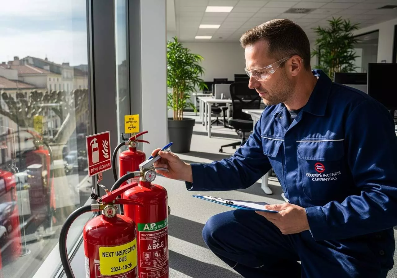 Technicien Sécurité Incendie Carpentras vérifiant des extincteurs lors d'une inspection en bureau