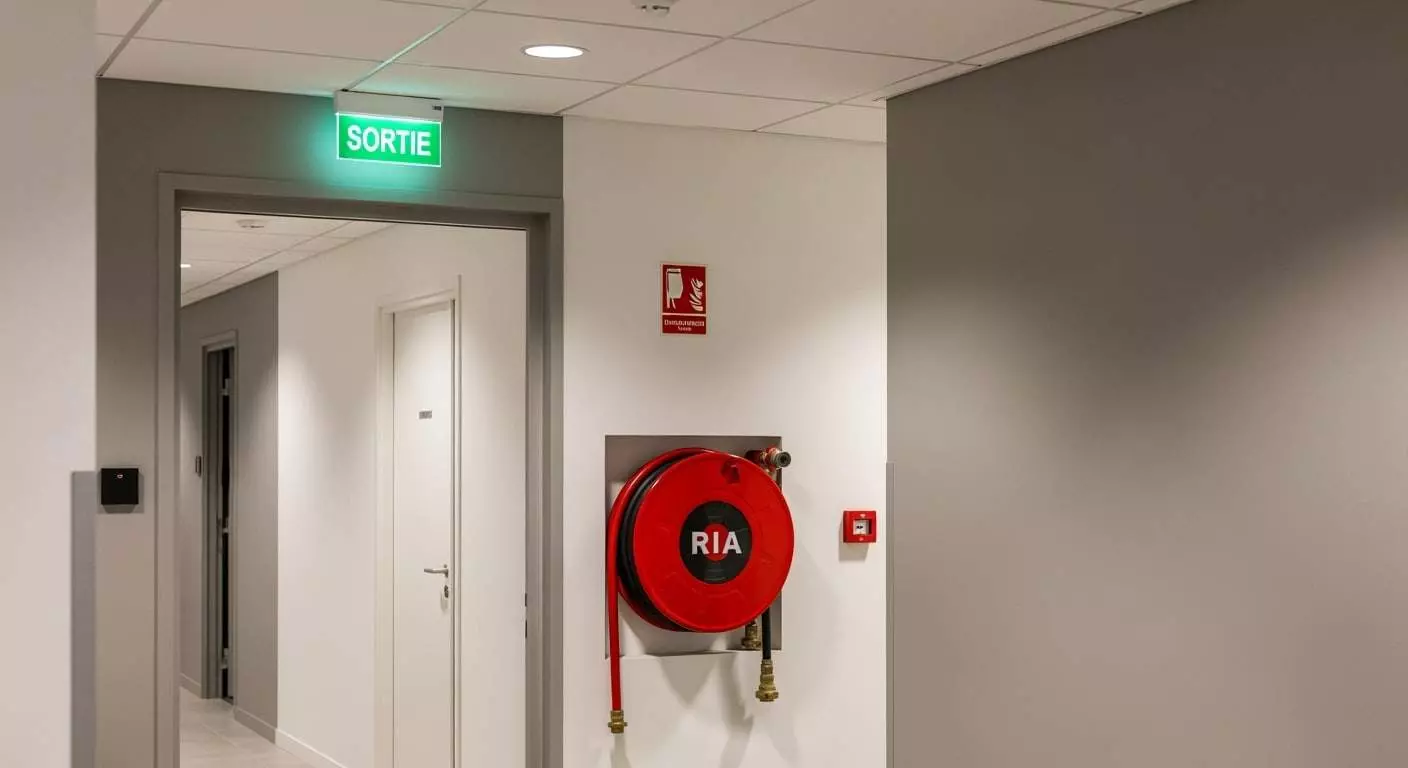 Couloir avec enrouleur RIA rouge, panneau sortie lumineux et extincteur signalé Qualifeu Carpentras