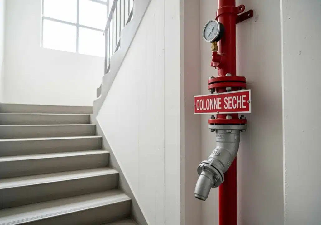 Colonne sèche rouge avec manomètre et raccord pompier dans une cage d'escalier