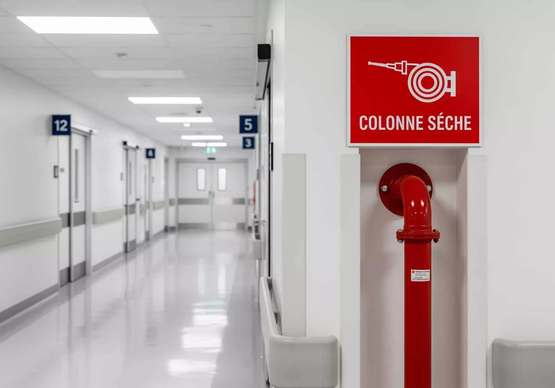 Colonne sèche rouge avec raccord pompier dans un couloir d'hôpital