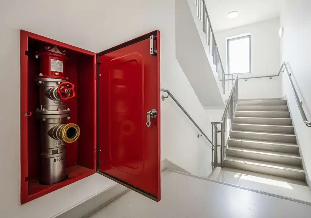 Colonne sèche avec raccord Storz et vanne rouge dans coffret mural près d'un escalier