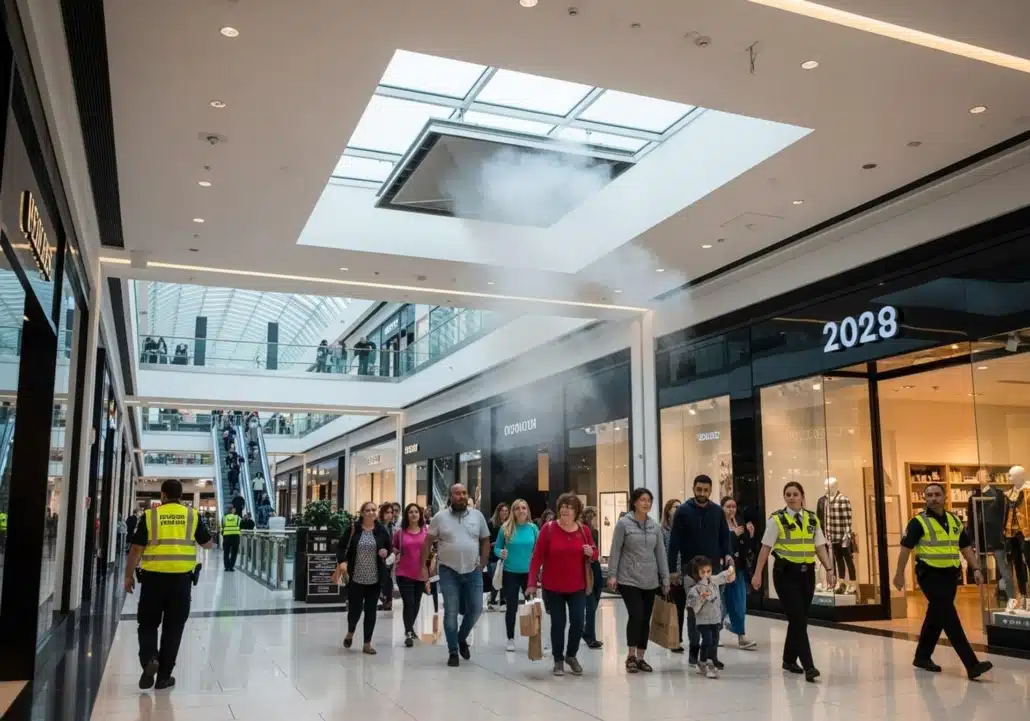 Système de désenfumage évacuant la fumée par une trappe en toiture de centre commercial