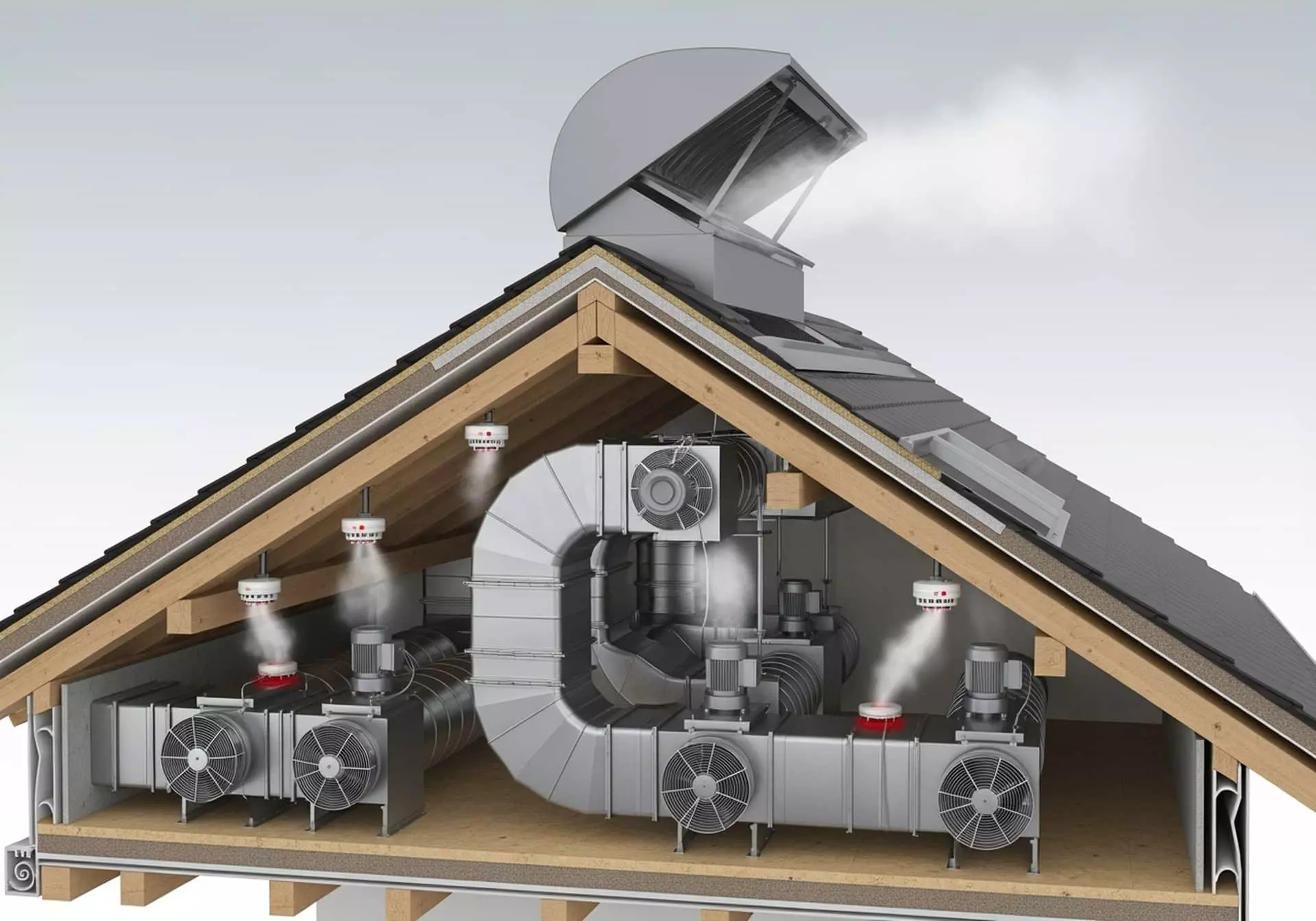 Coupe de toiture montrant un système de désenfumage avec ventilateurs et exutoire de fumée