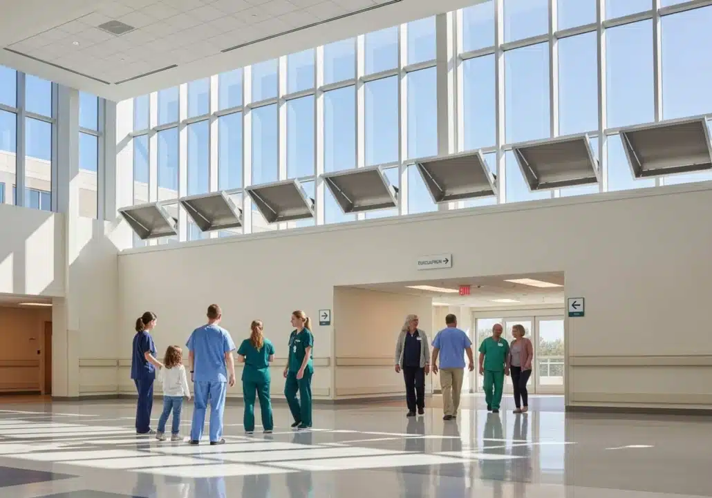 Exutoires de désenfumage ouverts en façade vitrée d'un hall d'hôpital avec personnel médical