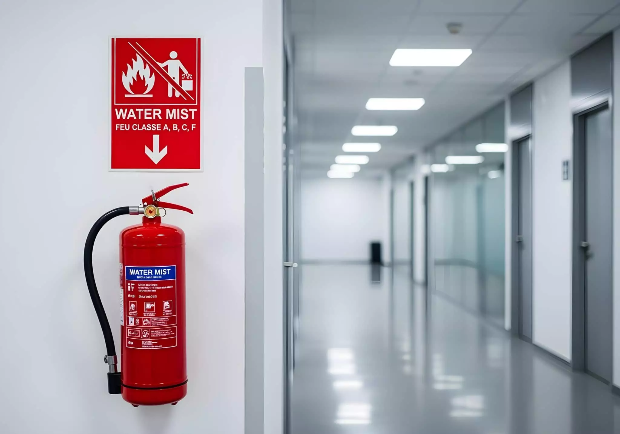 Qualifeu Extincteur 1 Extincteur eau mist rouge fixé au mur avec panneau de signalisation dans un couloir de bureau