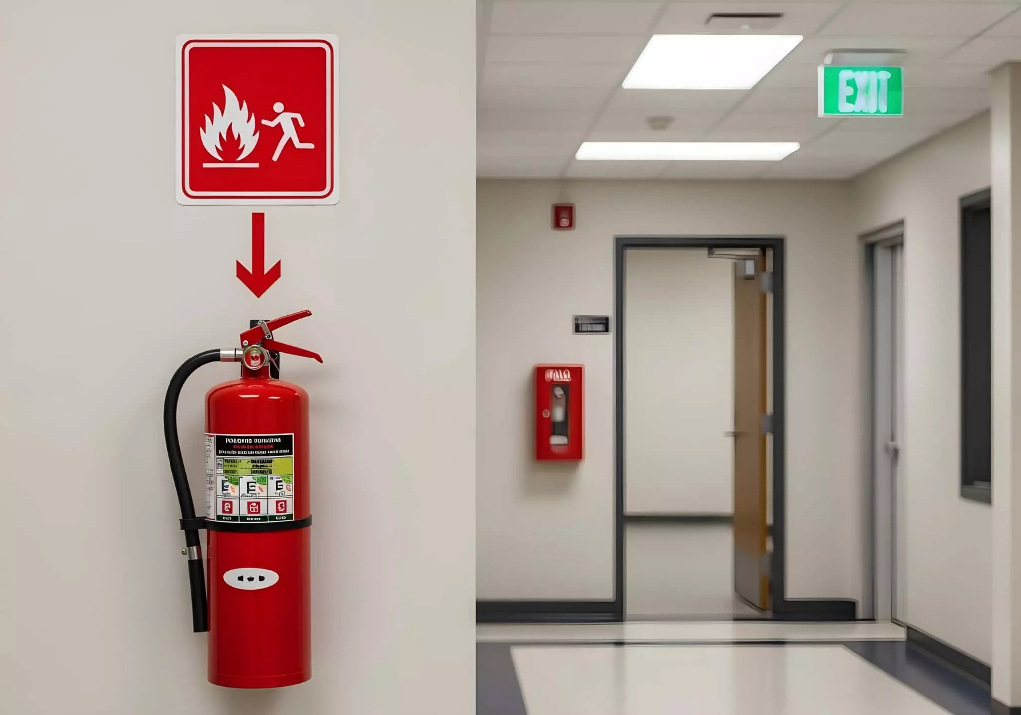 Qualifeu Extincteur 10 Extincteur rouge mural avec panneau danger incendie et couloir signalisation sortie de secours