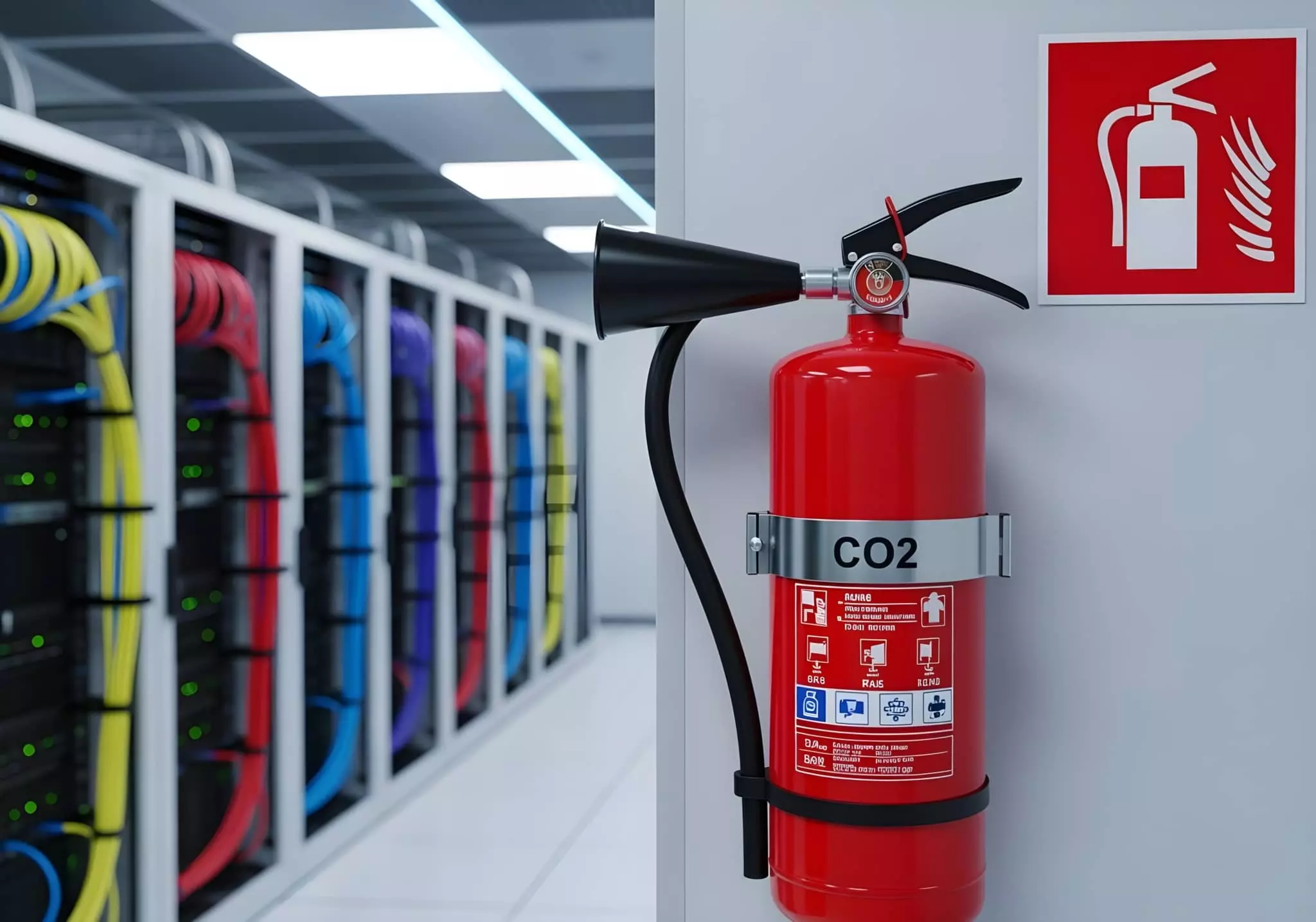 Qualifeu Extincteur 2 Extincteur CO2 mural rouge fixé près d'une baie de serveurs en salle informatique