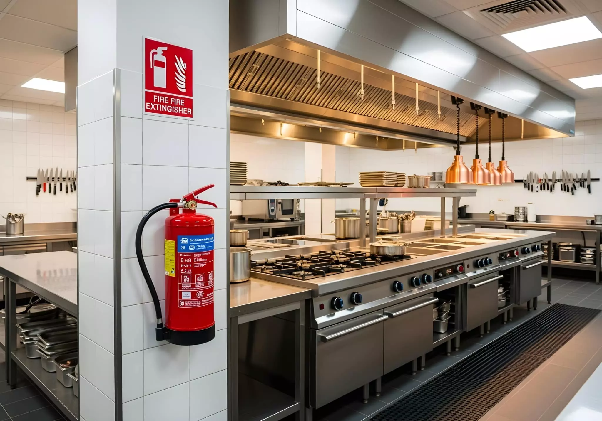 Qualifeu Extincteur 3 Extincteur rouge mural avec panneau de signalisation dans une cuisine professionnelle équipée