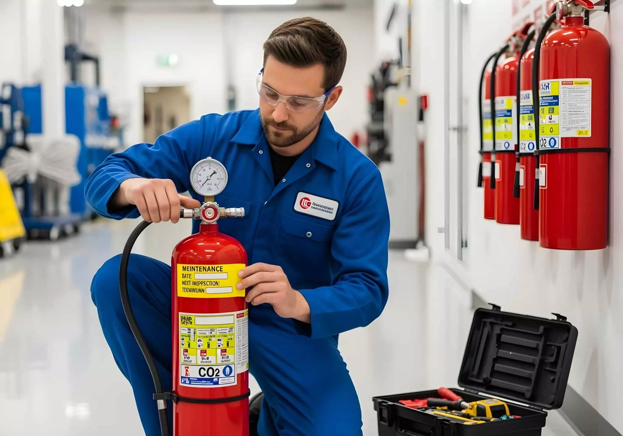Qualifeu Extincteur 6 Technicien en combinaison bleue vérifiant la pression d'un extincteur CO2 avec manomètre