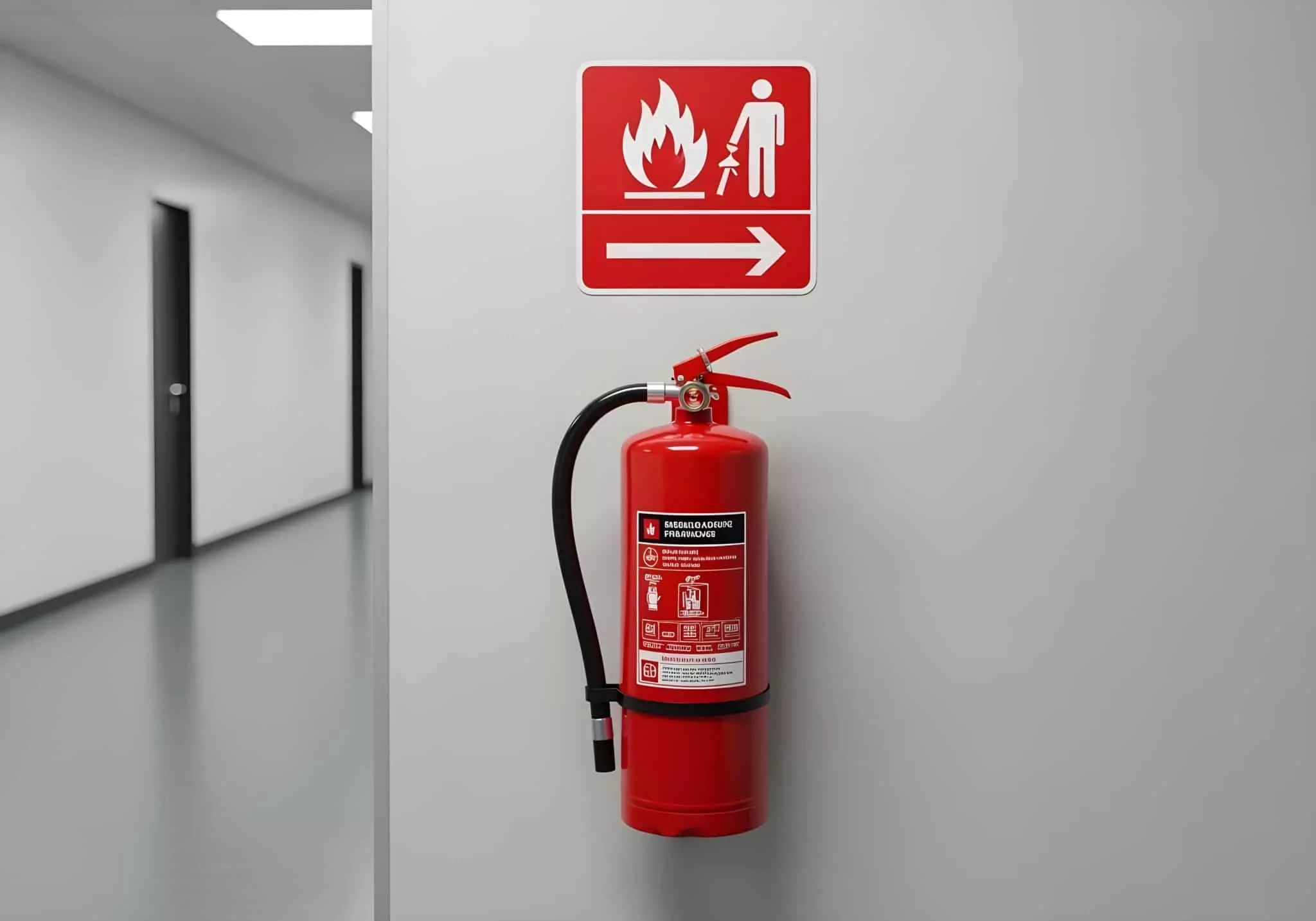 Qualifeu Extincteur 9 Extincteur rouge fixé au mur sous un panneau de signalisation incendie directionnel