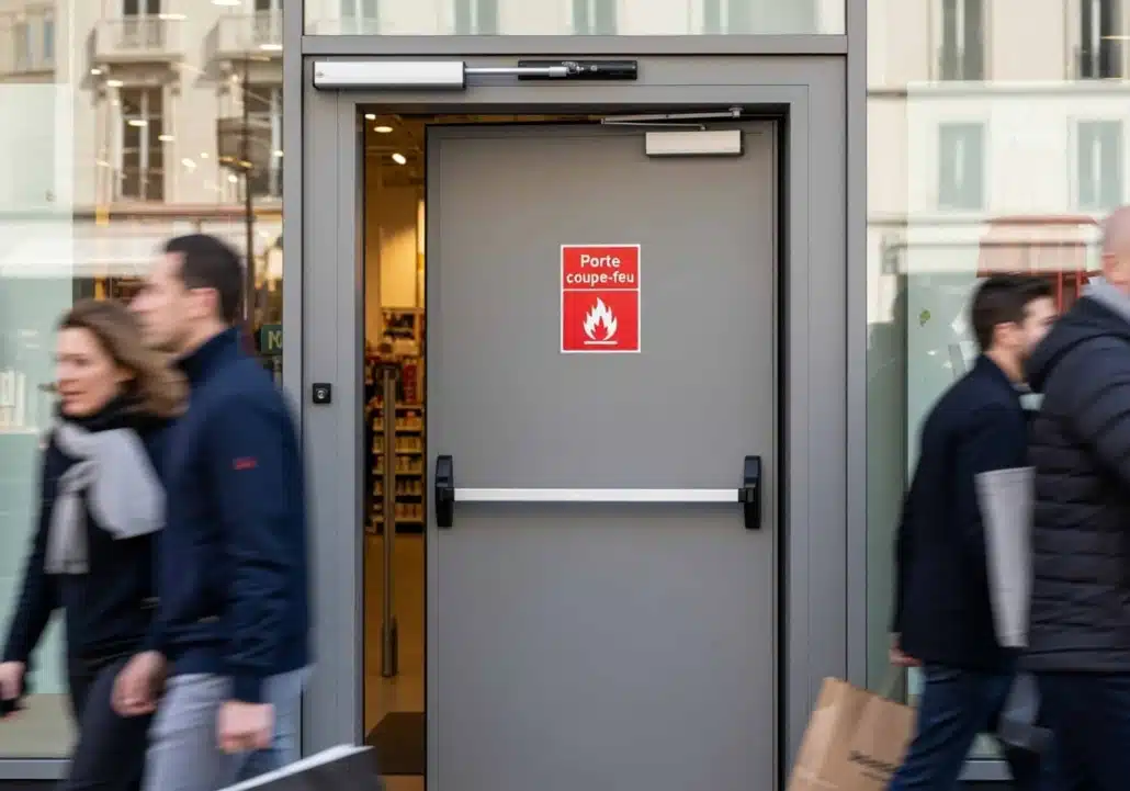 Porte coupe-feu grise avec barre anti-panique et panneau de signalisation incendie