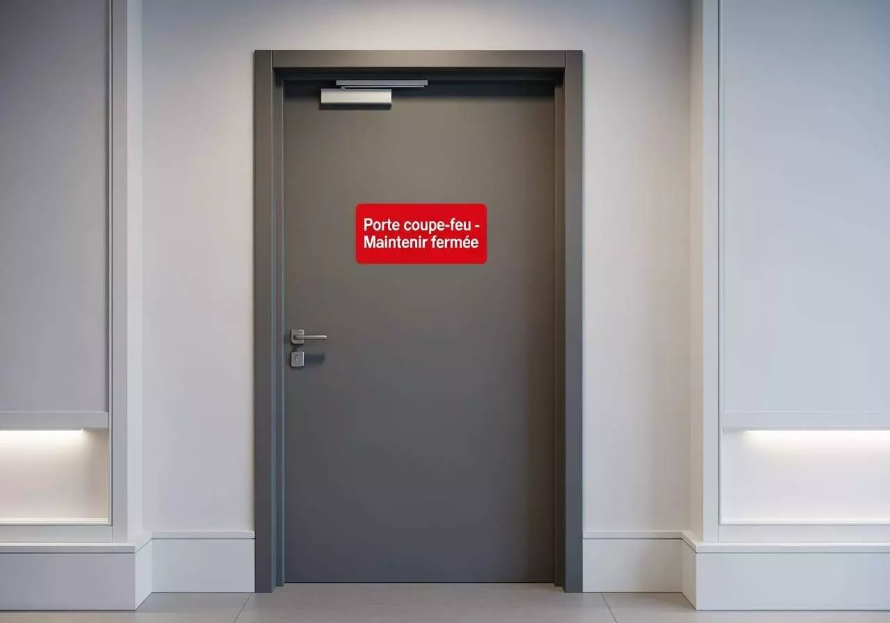 Porte coupe-feu grise avec ferme-porte automatique et signalisation maintenir fermée