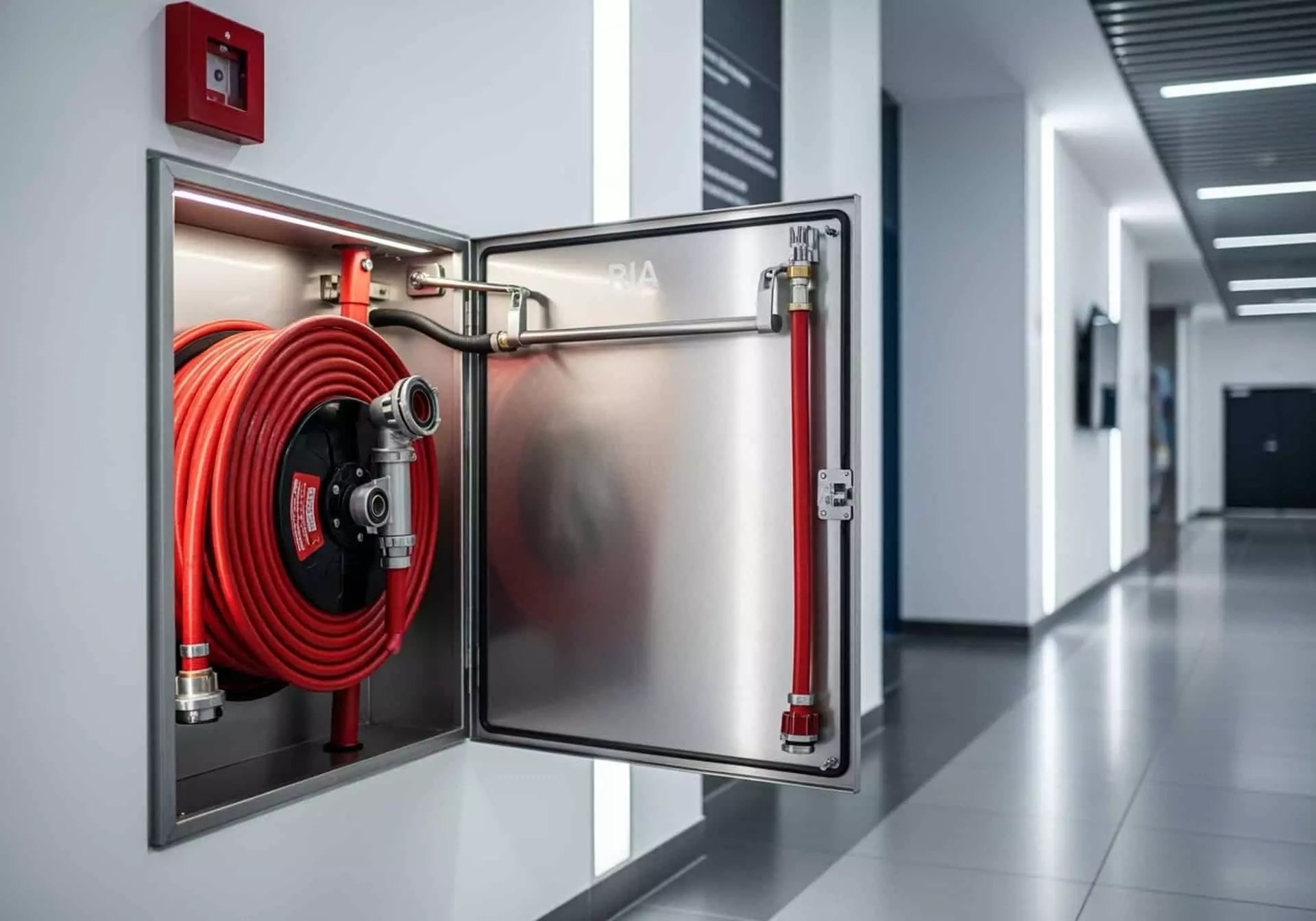 Armoire murale ouverte avec dévidoir de tuyau incendie rouge dans un couloir professionnel