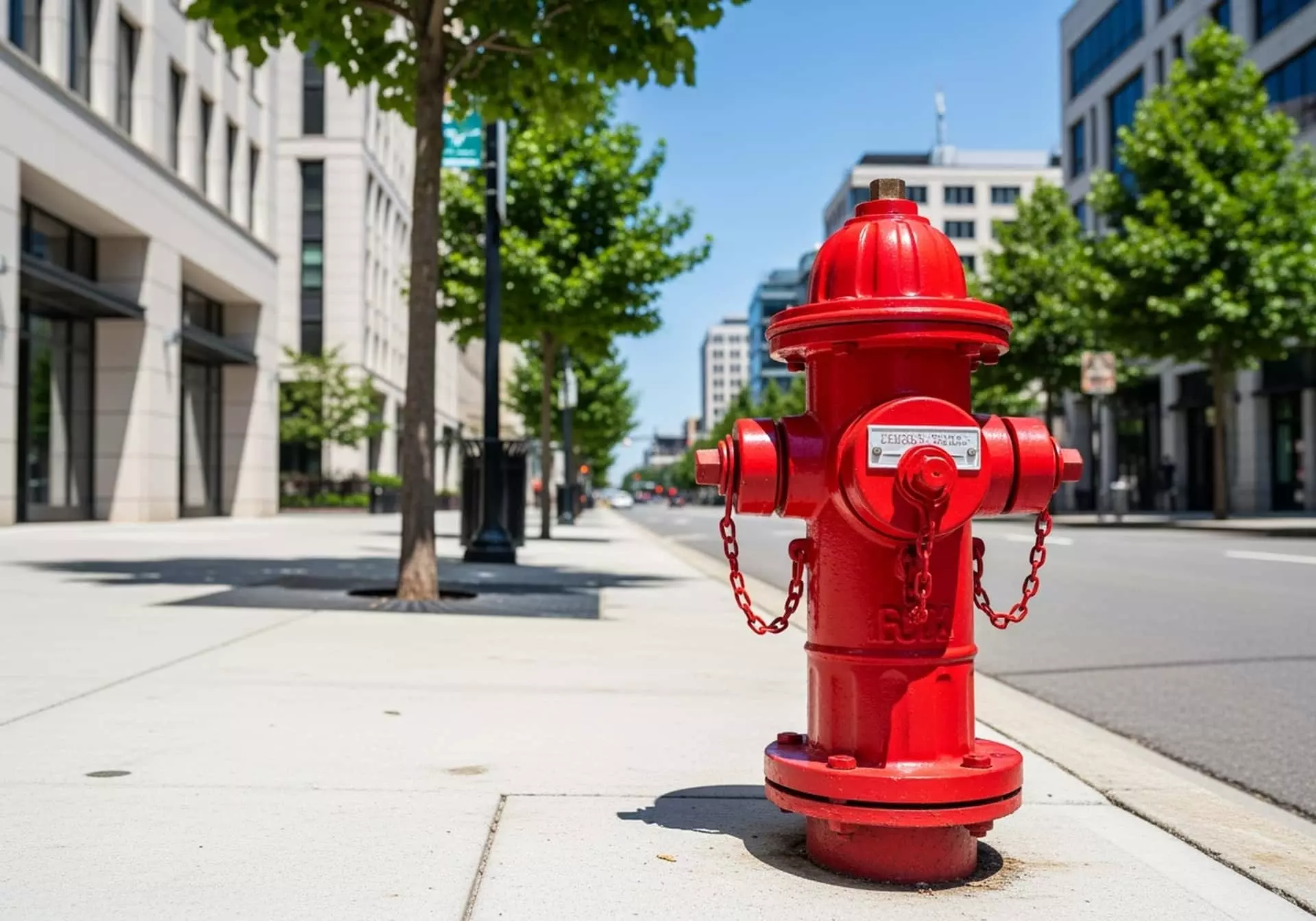 Poteau incendie rouge installé sur un trottoir en zone urbaine