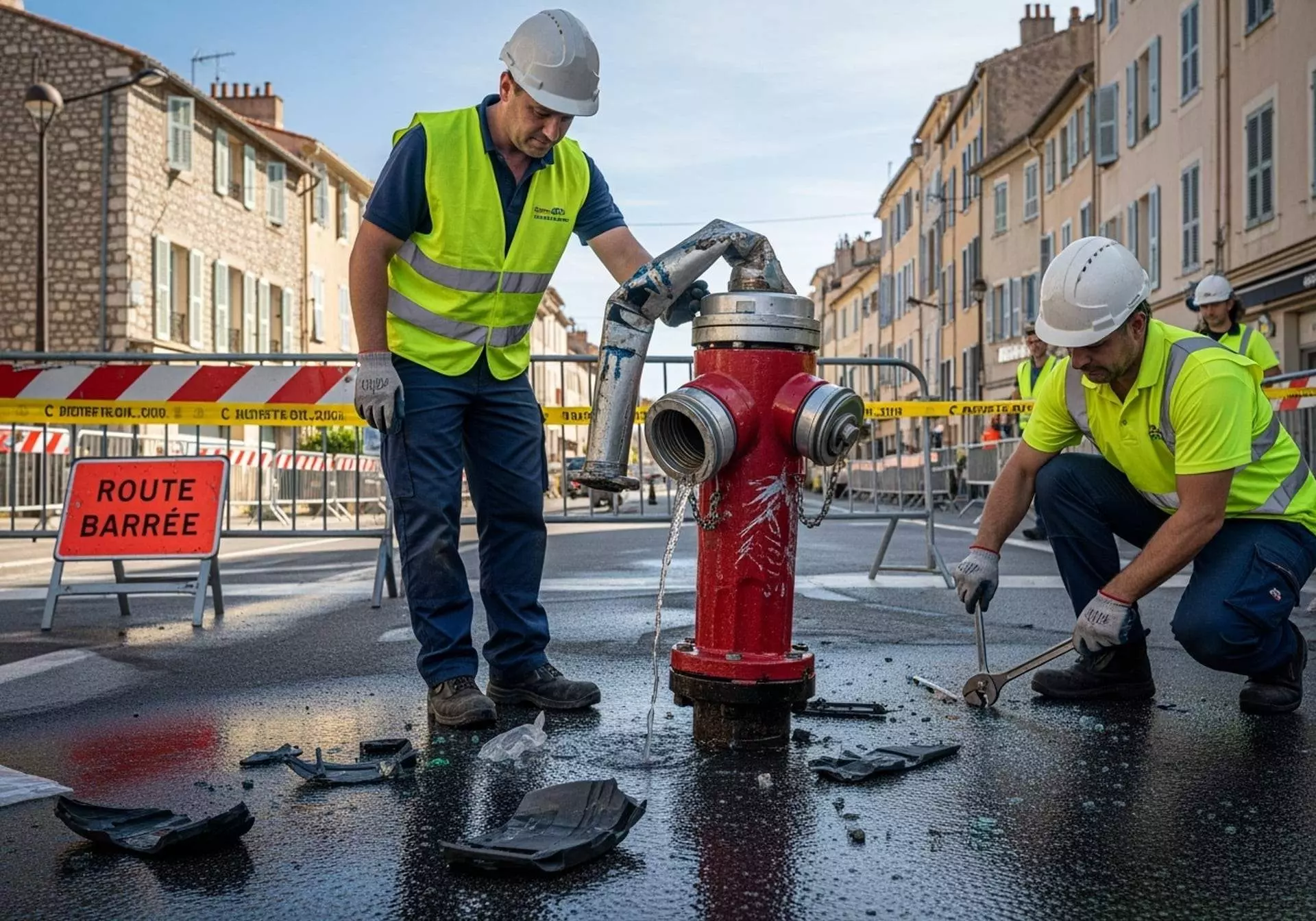 Qualifeu bouche d'incendie 12 Techniciens en gilets jaunes réparant un poteau incendie sur route barrée