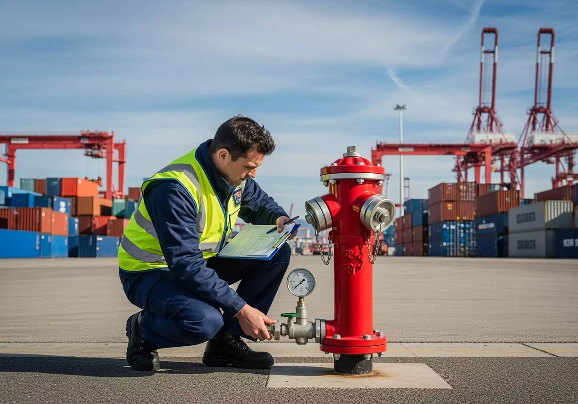 Qualifeu bouche d'incendie 13 Technicien vérifiant la pression d'un poteau incendie avec un manomètre sur un port