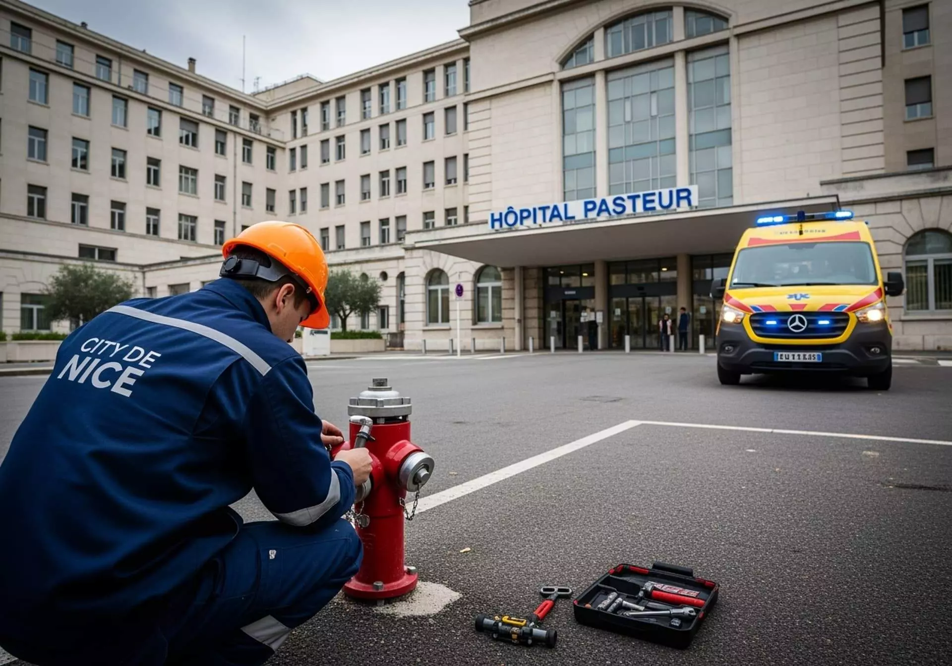 Qualifeu bouche d'incendie 15 Technicien de la ville de Nice contrôlant un poteau incendie devant l'hôpital Pasteur