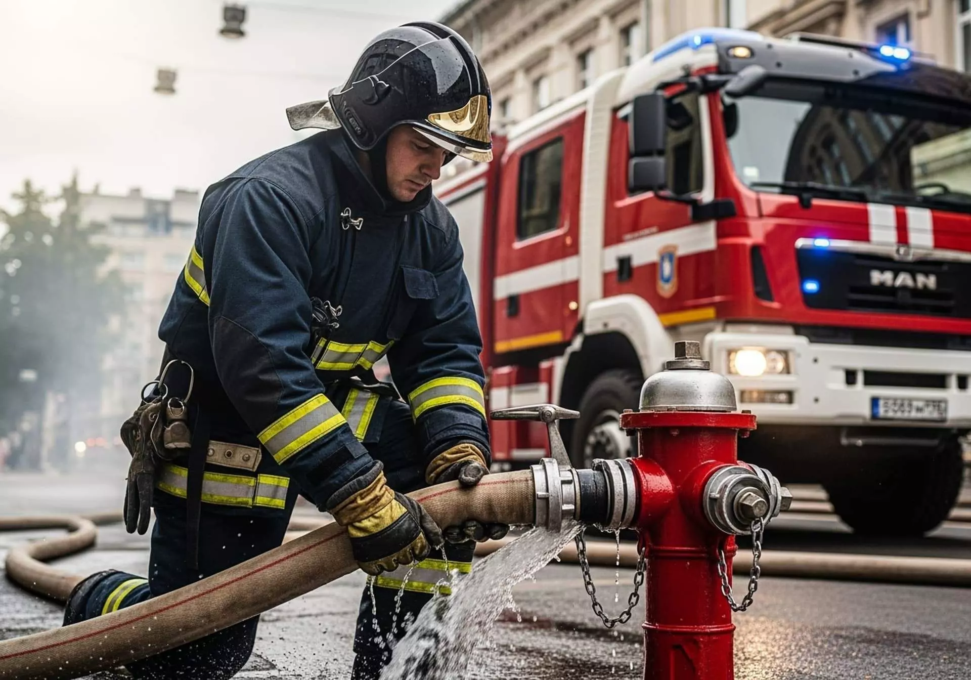 Qualifeu bouche d'incendie 9 Pompier raccordant un tuyau à un poteau incendie devant un camion de secours