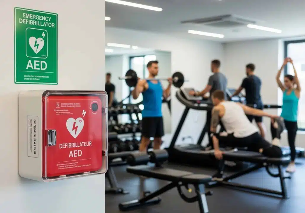 Défibrillateur DAE mural rouge avec signalétique installé dans une salle de sport