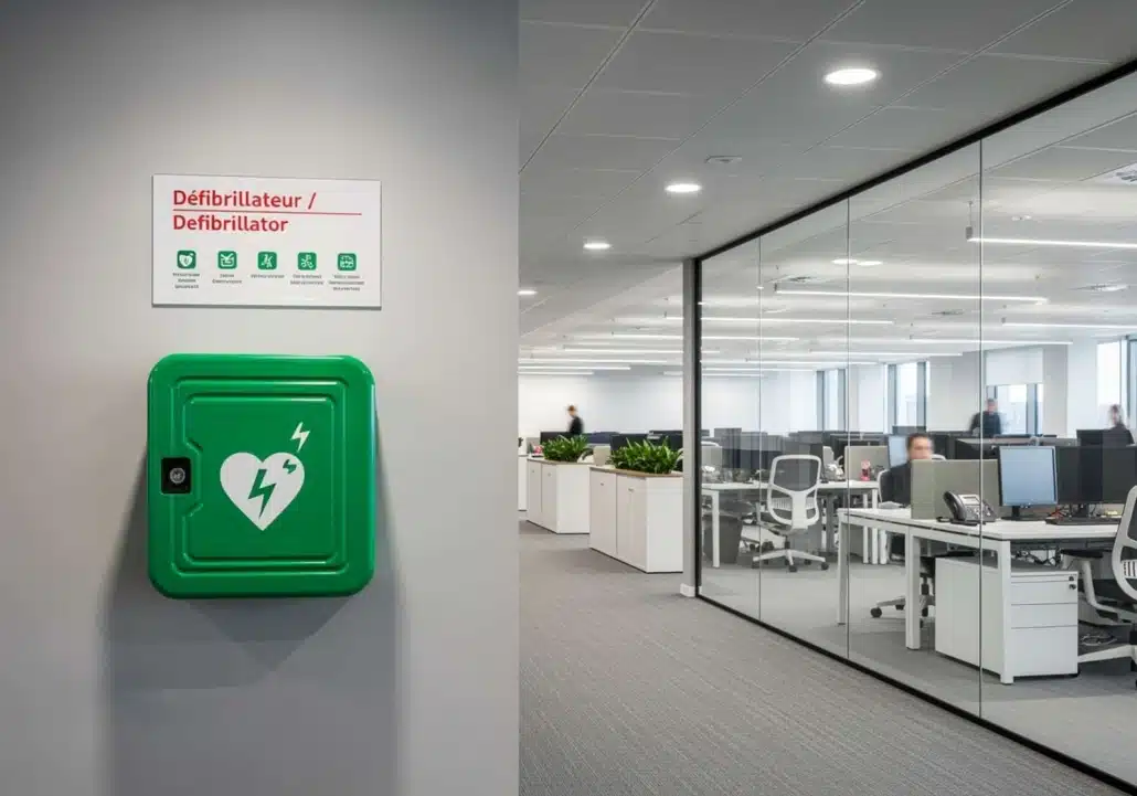 Défibrillateur DAE mural vert avec panneau de signalisation dans un couloir de bureaux