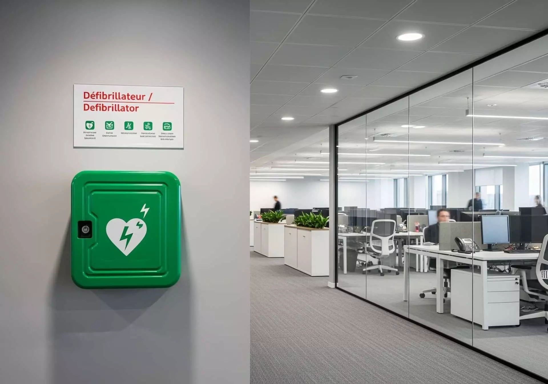 Défibrillateur DAE mural vert avec panneau de signalisation dans un couloir de bureaux