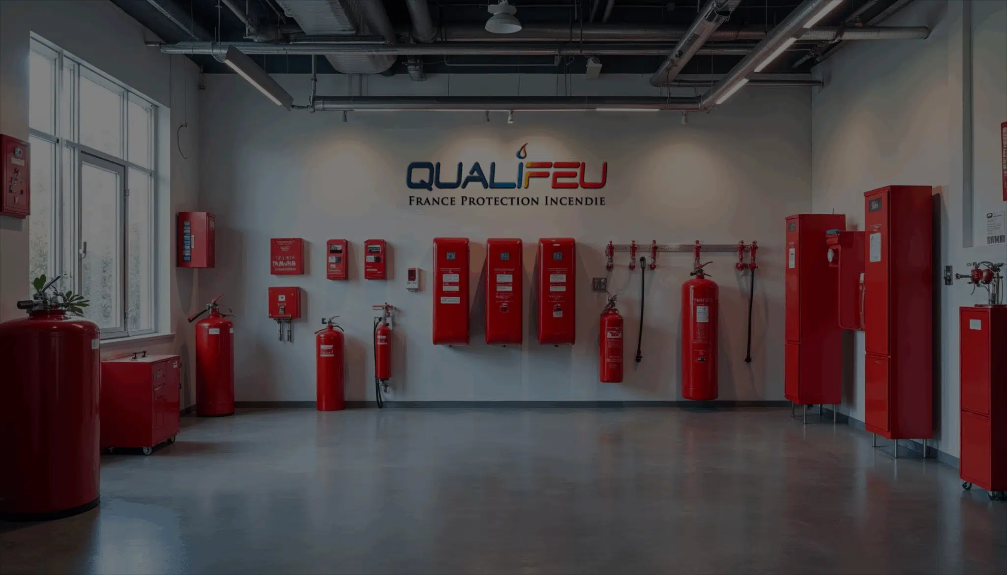 Showroom Qualifeu présentant extincteurs, boîtiers d'alarme et équipements de protection incendie rouges alignés