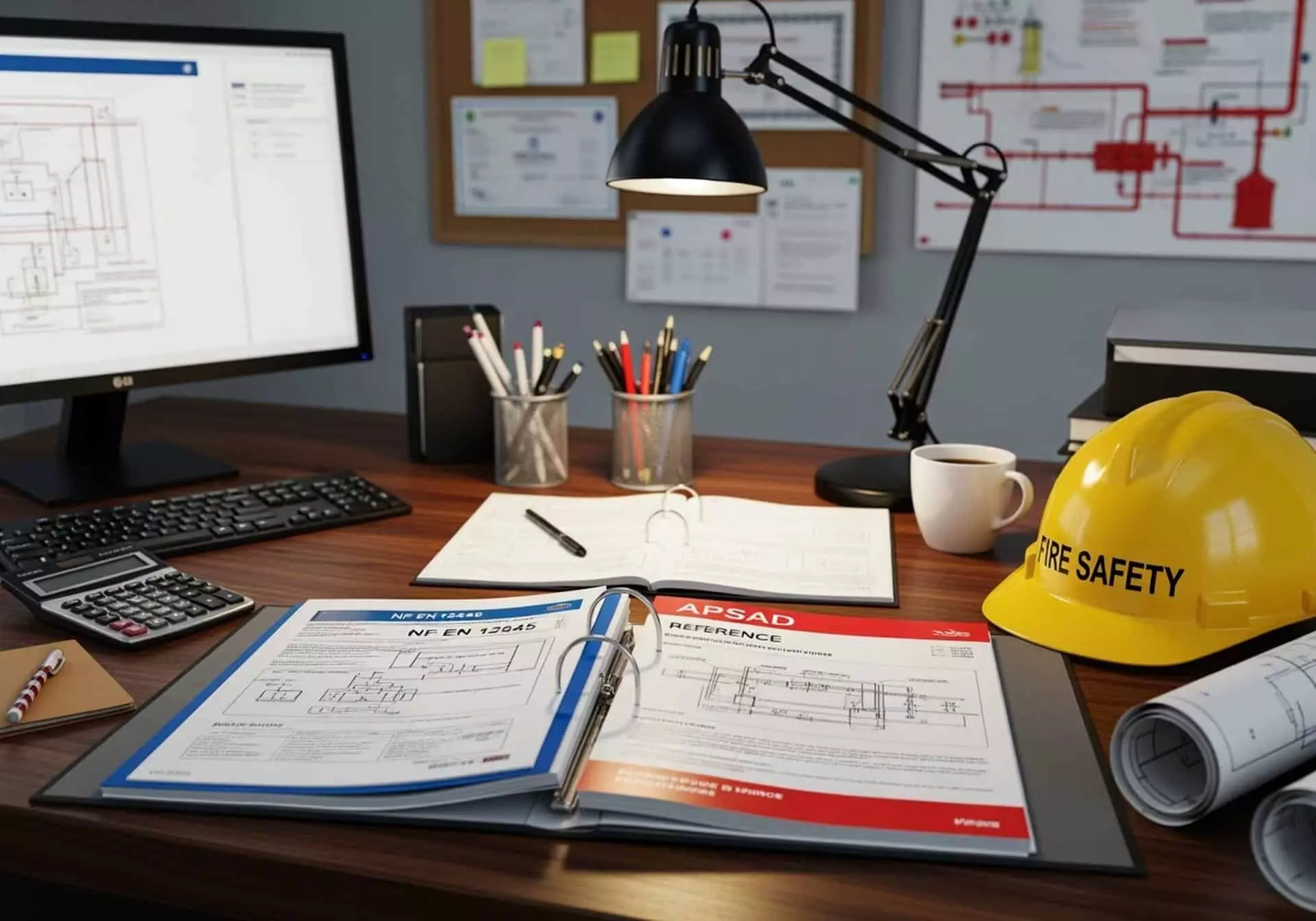 Bureau d'étude sécurité incendie avec normes NF EN, schémas sprinkler et casque fire safety