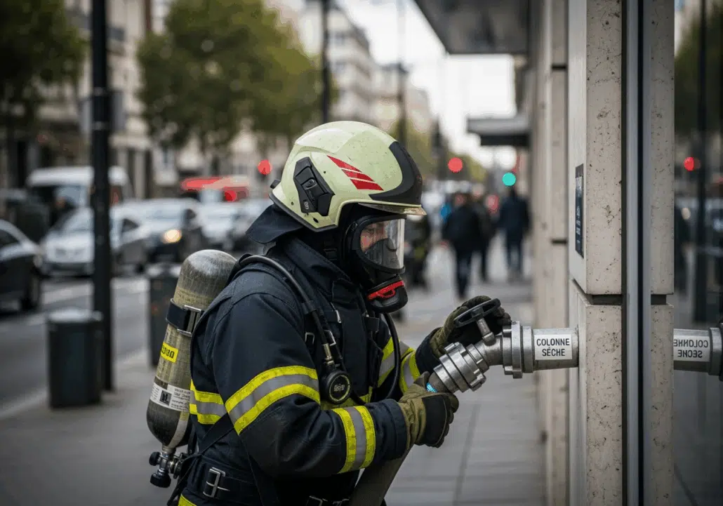 Pompier équipé raccordant son tuyau à une colonne sèche en milieu urbain