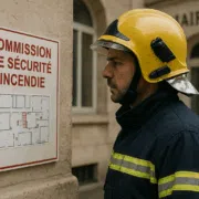 Qualifeu commission de sécurité incendie Pompier consultant le plan d'évacuation près du panneau commission de sécurité incendie de la mairie