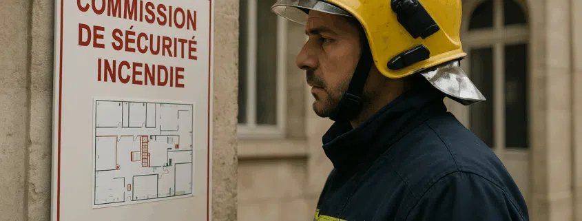 Pompier consultant le plan d'évacuation près du panneau commission de sécurité incendie de la mairie